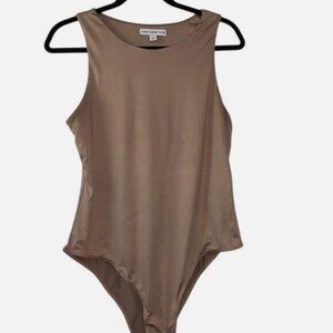 And Now This Womens Tan Sleeveless Bodysuit L Polyester/Spandex Blend Snap Closu